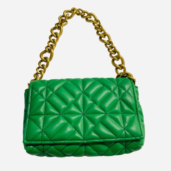 Zara Green Quilted Handbag with Gold Shoulder Chain Strap - Picture 1 of 10